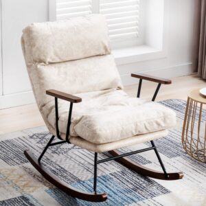 hny modern rocking chair nursery with wood arms, pu leather overstuffed upholstered glider rocker chair with adjustable backrest, 22" wide armchair for living room/bedroom/small space, cream