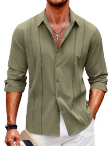 coofandy men's linen shirts casual cuban guayabera shirt long sleeve beach shirts green