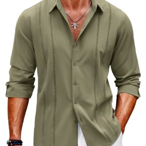 COOFANDY Men's Linen Shirts Casual Cuban Guayabera Shirt Long Sleeve Beach Shirts Green