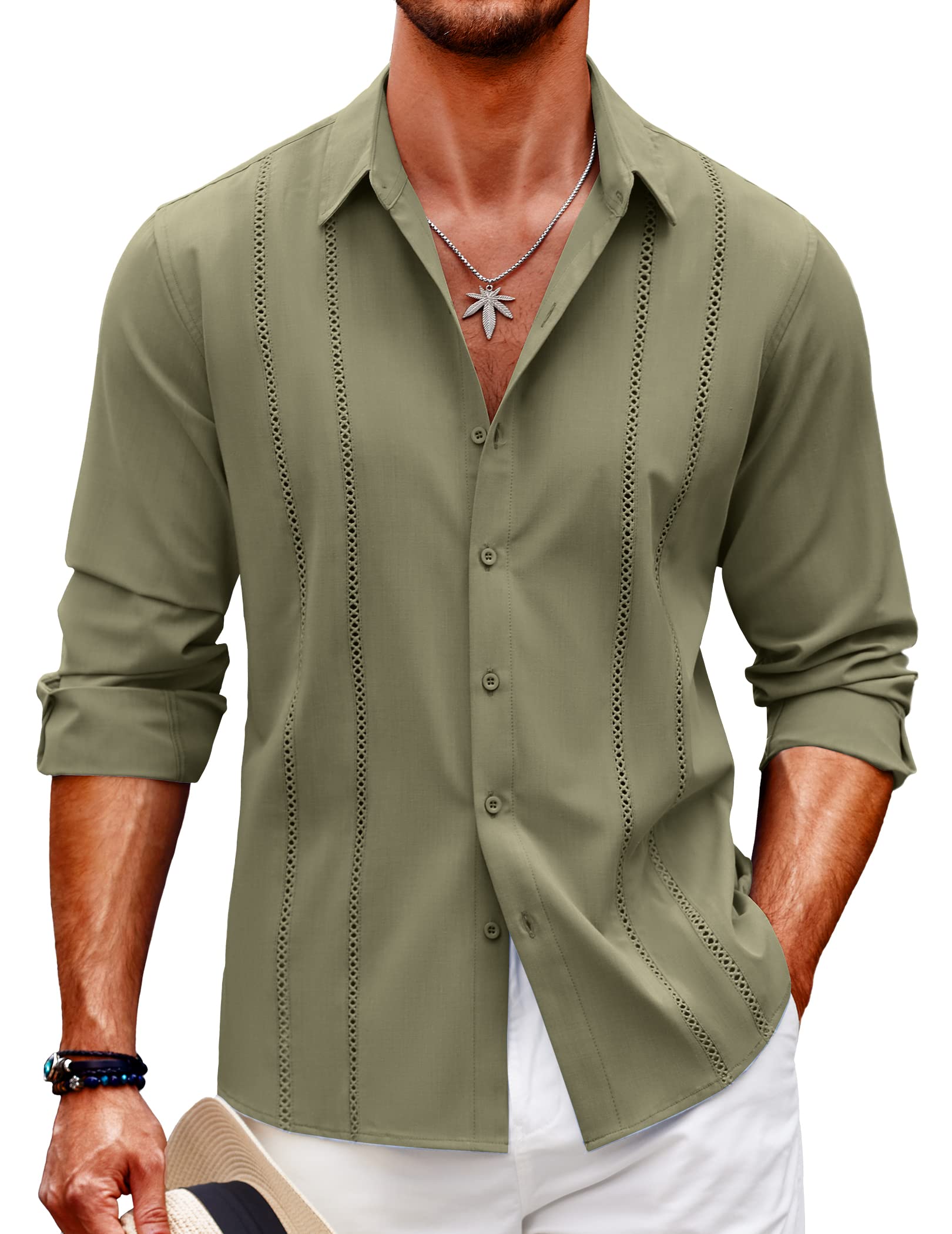 COOFANDY Men's Linen Shirts Casual Cuban Guayabera Shirt Long Sleeve Beach Shirts Green