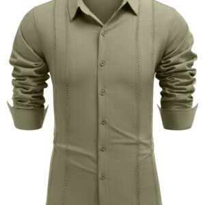 COOFANDY Men's Linen Shirts Casual Cuban Guayabera Shirt Long Sleeve Beach Shirts Green