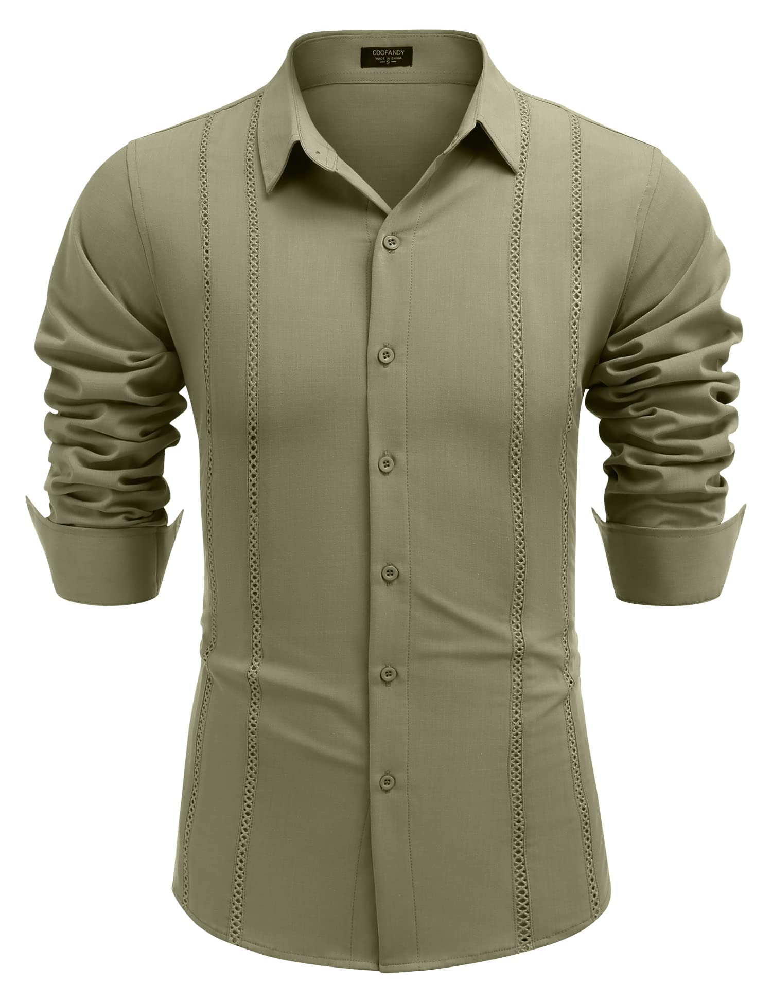 COOFANDY Men's Linen Shirts Casual Cuban Guayabera Shirt Long Sleeve Beach Shirts Green