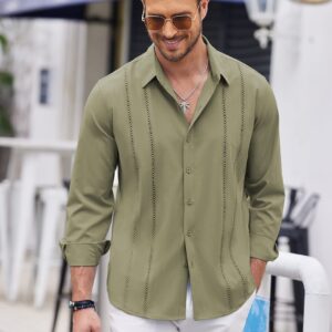 COOFANDY Men's Linen Shirts Casual Cuban Guayabera Shirt Long Sleeve Beach Shirts Green