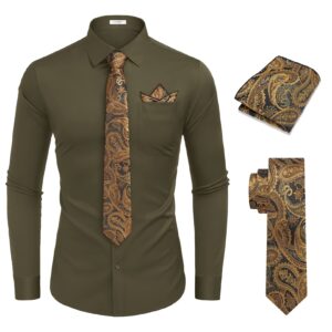 COOFANDY Men's Dress Shirt Wrinkle Free Dress Shirts with Matching Tie Army Green