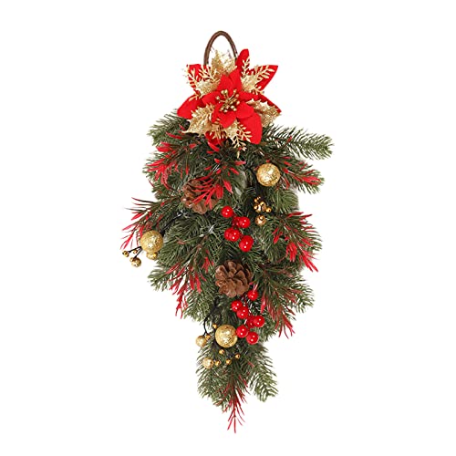 Sempoda Artificial Christmas Teardrop Swag, 21.7in Christmas Wreath with Bow & Red Berries & Xmas Ball, Winter Hanging Pine Leaves Garland for Home Party Wall Window Holiday Wedding Door Decor