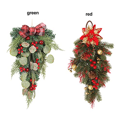 Sempoda Artificial Christmas Teardrop Swag, 21.7in Christmas Wreath with Bow & Red Berries & Xmas Ball, Winter Hanging Pine Leaves Garland for Home Party Wall Window Holiday Wedding Door Decor