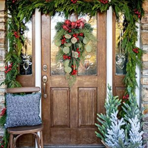 Sempoda Artificial Christmas Teardrop Swag, 21.7in Christmas Wreath with Bow & Red Berries & Xmas Ball, Winter Hanging Pine Leaves Garland for Home Party Wall Window Holiday Wedding Door Decor