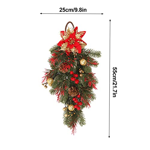 Sempoda Artificial Christmas Teardrop Swag, 21.7in Christmas Wreath with Bow & Red Berries & Xmas Ball, Winter Hanging Pine Leaves Garland for Home Party Wall Window Holiday Wedding Door Decor