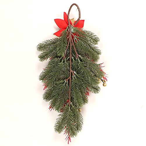 Sempoda Artificial Christmas Teardrop Swag, 21.7in Christmas Wreath with Bow & Red Berries & Xmas Ball, Winter Hanging Pine Leaves Garland for Home Party Wall Window Holiday Wedding Door Decor