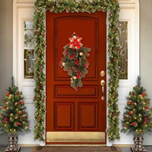 Sempoda Artificial Christmas Teardrop Swag, 21.7in Christmas Wreath with Bow & Red Berries & Xmas Ball, Winter Hanging Pine Leaves Garland for Home Party Wall Window Holiday Wedding Door Decor