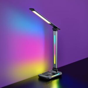 wilit led rgb gaming desk lamp, voice activated changing colors rhythm light with wireless charger and usb charging port, colorful ambient light touch table lamp for gaming, pc, room decoration
