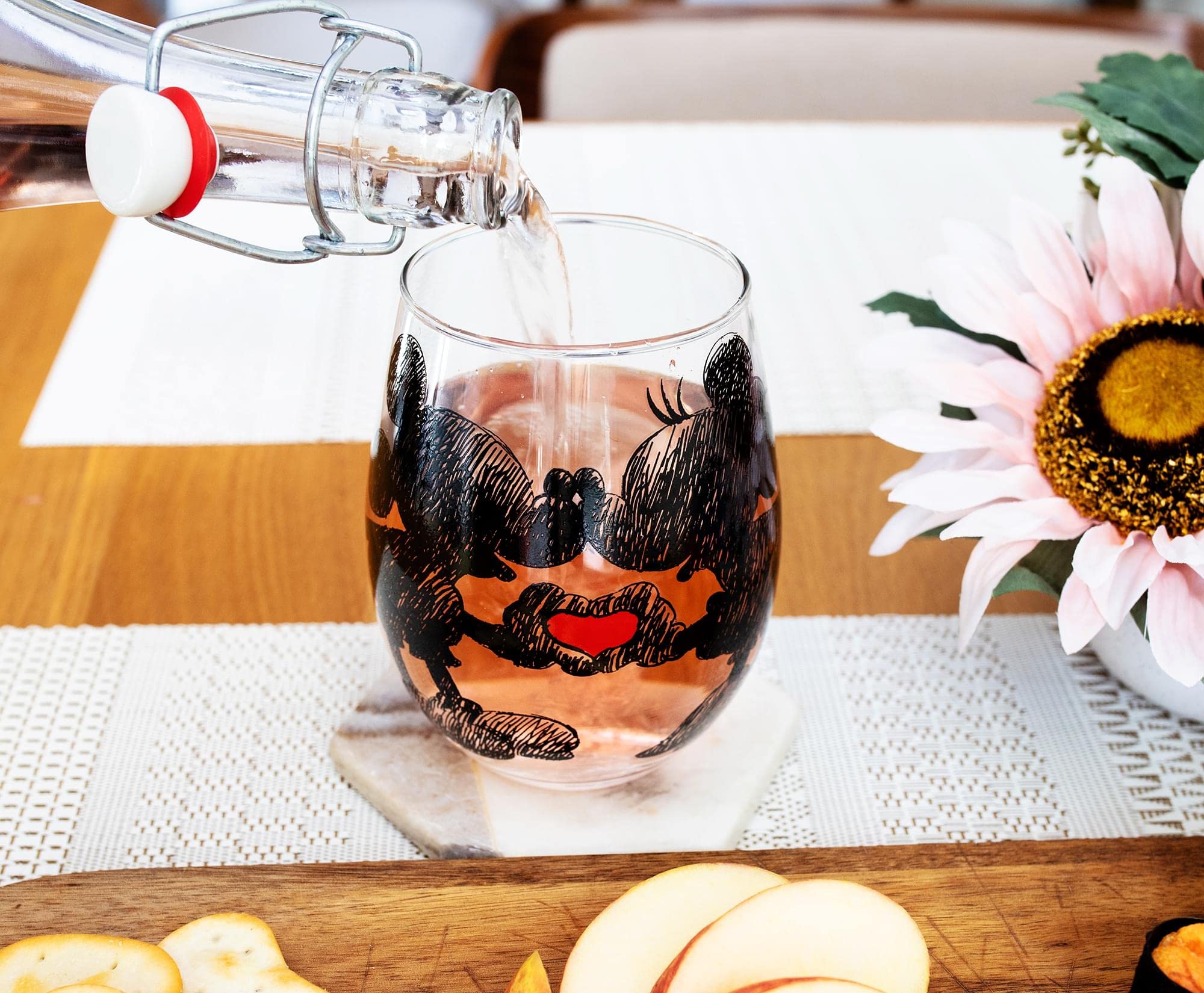 Disney Mickey and Minnie Mouse Heart Teardrop Stemless Wine Glass | Tumbler Cup For Mimosas, Cocktails