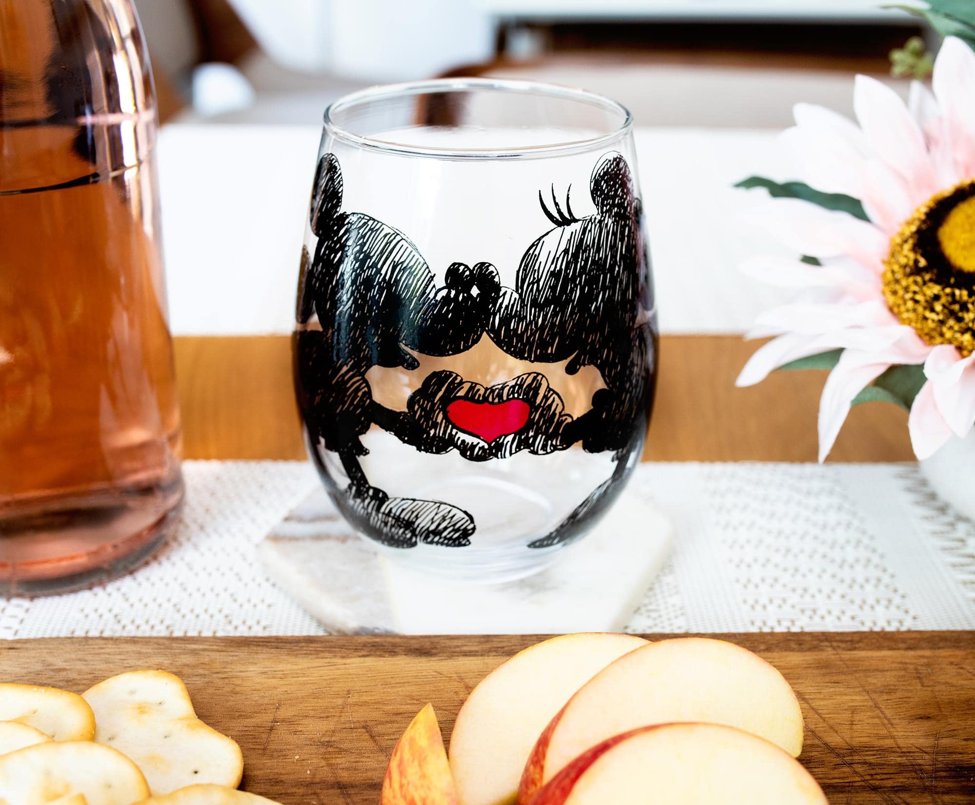 Disney Mickey and Minnie Mouse Heart Teardrop Stemless Wine Glass | Tumbler Cup For Mimosas, Cocktails