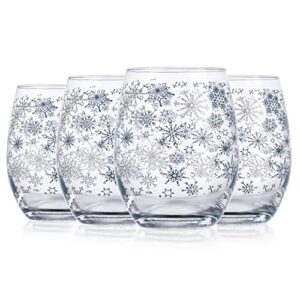 elegant home set of four (4) 20oz holiday festive christmas gift stemless wine glass for red or white wine- christmas winter blue & white snowflakes