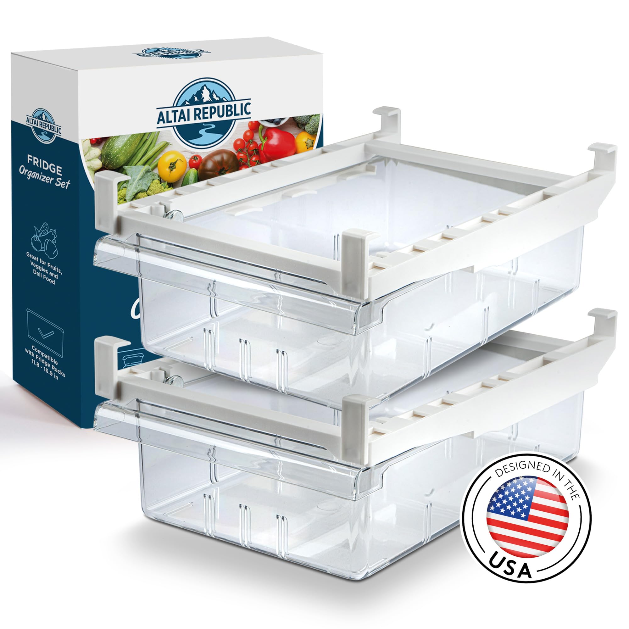 Altai Republic 2 Pack Fridge Drawers - Pull Out Refrigerator Storage Drawers - Transparent Refrigerator Organizer - Fridge Drawer Organizer & Fridge Organizer - Suitable for Fridge Shelf Under 0.6"