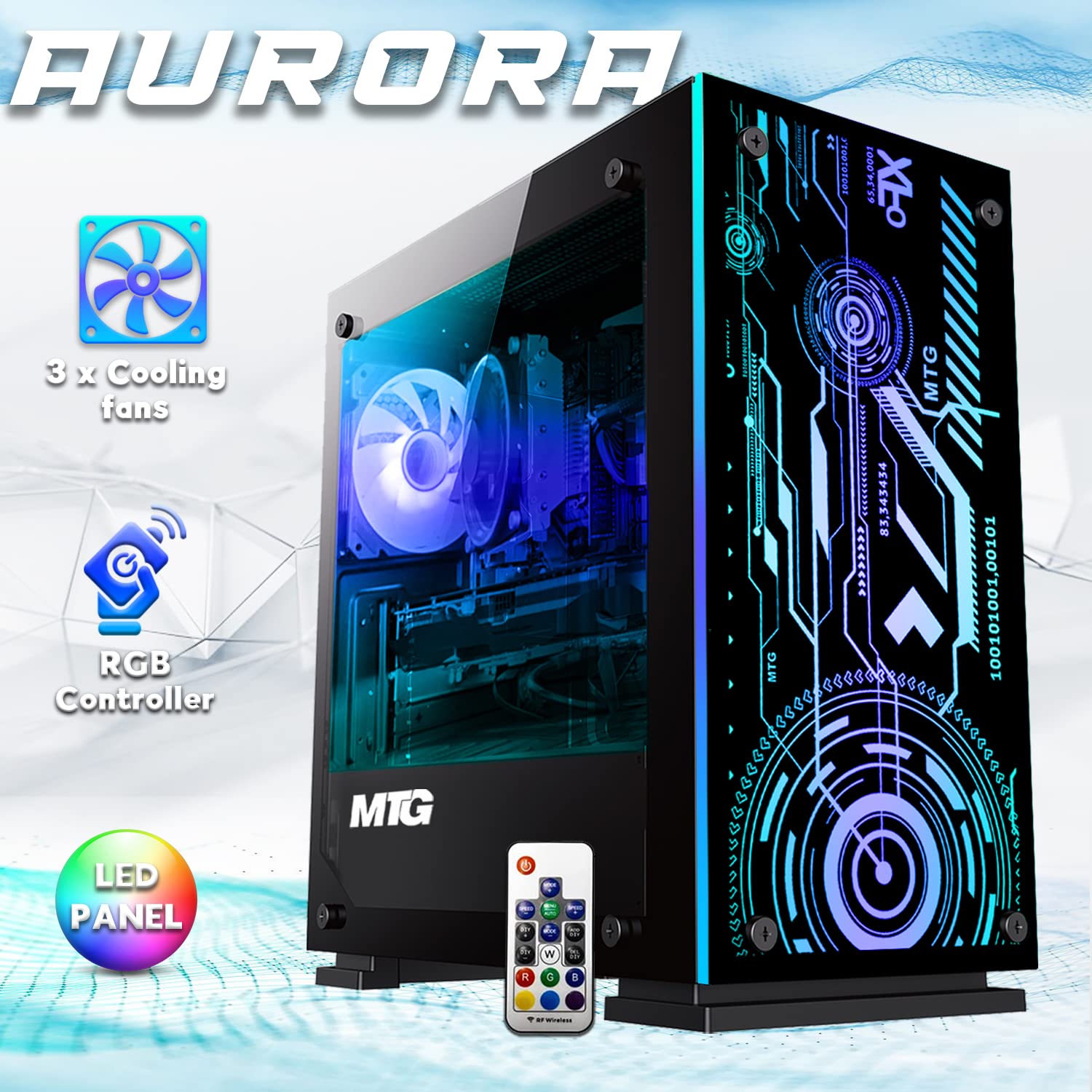 MTG Aurora 8C Gaming Tower PC- Intel Core i5 8th Gen, AMD RX 580 GDDR5 8GB 256bits Graphic, 16GB Ram, 2TB Nvme, New MTG 27 Inch Monitor, MTG 4 in 1 Gaming Kit, Webcam, Win 11 Home