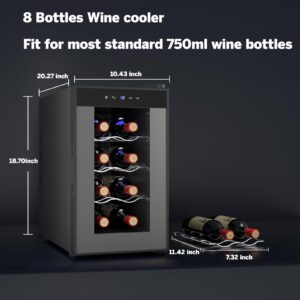 Vaykold 8 Bottle Wine Fridge, Small Wine Cooler for Red White, Wine Refrigerator with Dual-Pane Gray Glass Door, Quiet Steady Thermoelectric Operation, 41-64F, Designed for Party, Basement, Bar, Gift