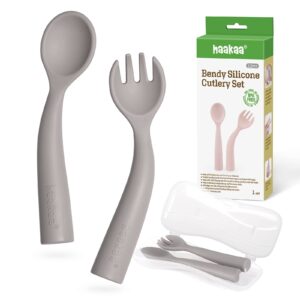 haakaa toddler forks and spoons with travel safe case,self feeding toddler utensils,easy grip bendy food-grade silicone,gray,12m+