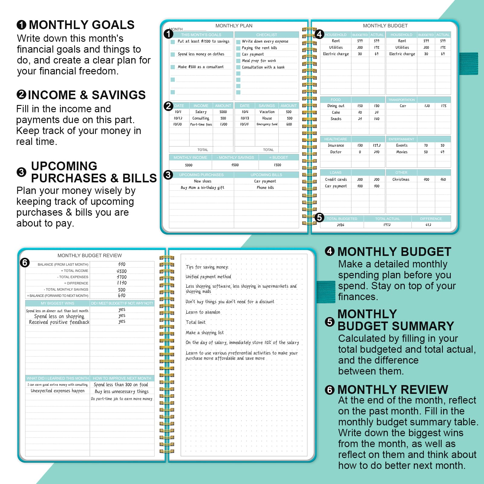 Regolden-Book Budget Planner - Undated Monthly Bill Organizer with Pockets, Hardcover Budget Book, Financial Planner & Accounts Book to Control Your Money. 12 Months-Teal, A5 Size(8.5''x6")