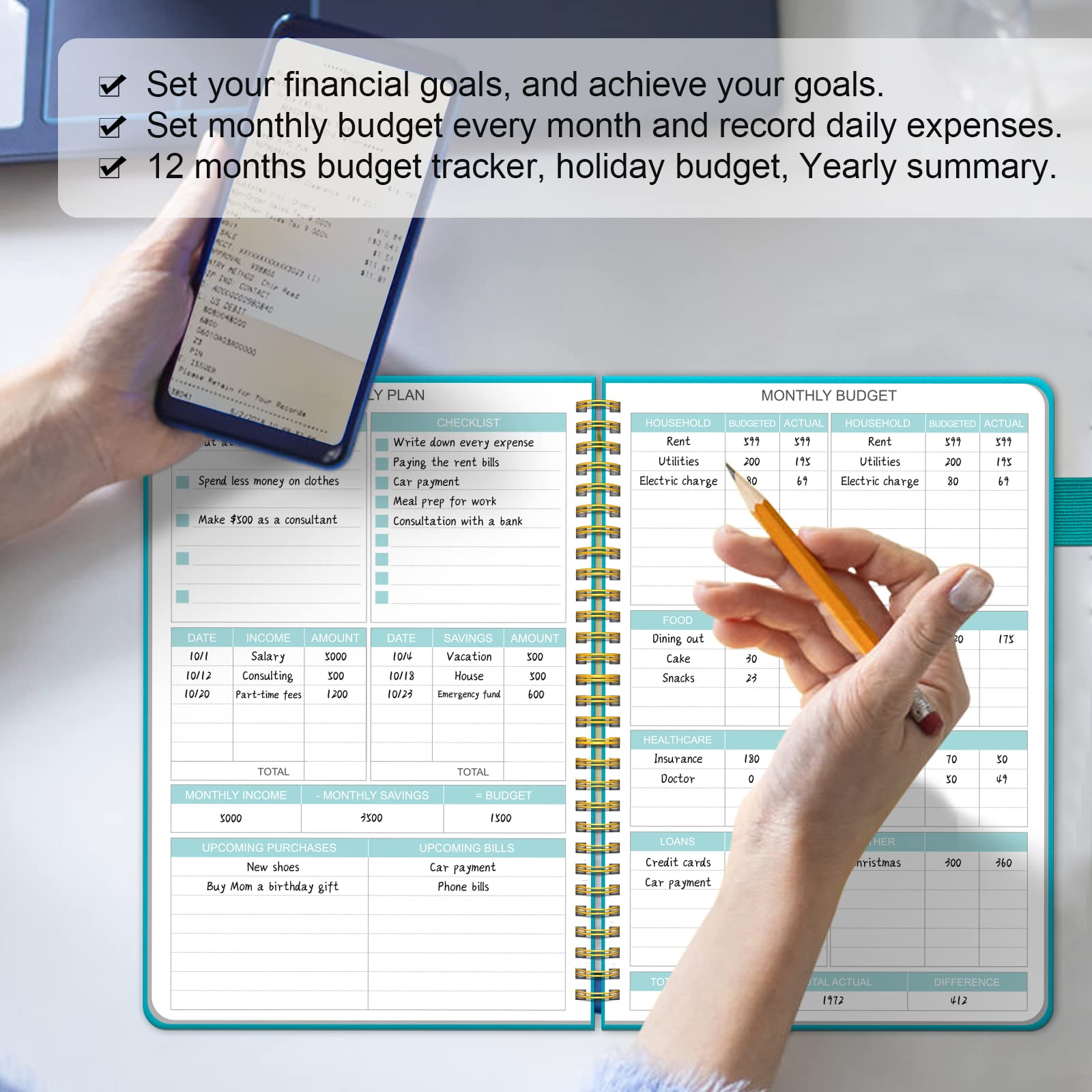 Regolden-Book Budget Planner - Undated Monthly Bill Organizer with Pockets, Hardcover Budget Book, Financial Planner & Accounts Book to Control Your Money. 12 Months-Teal, A5 Size(8.5''x6")