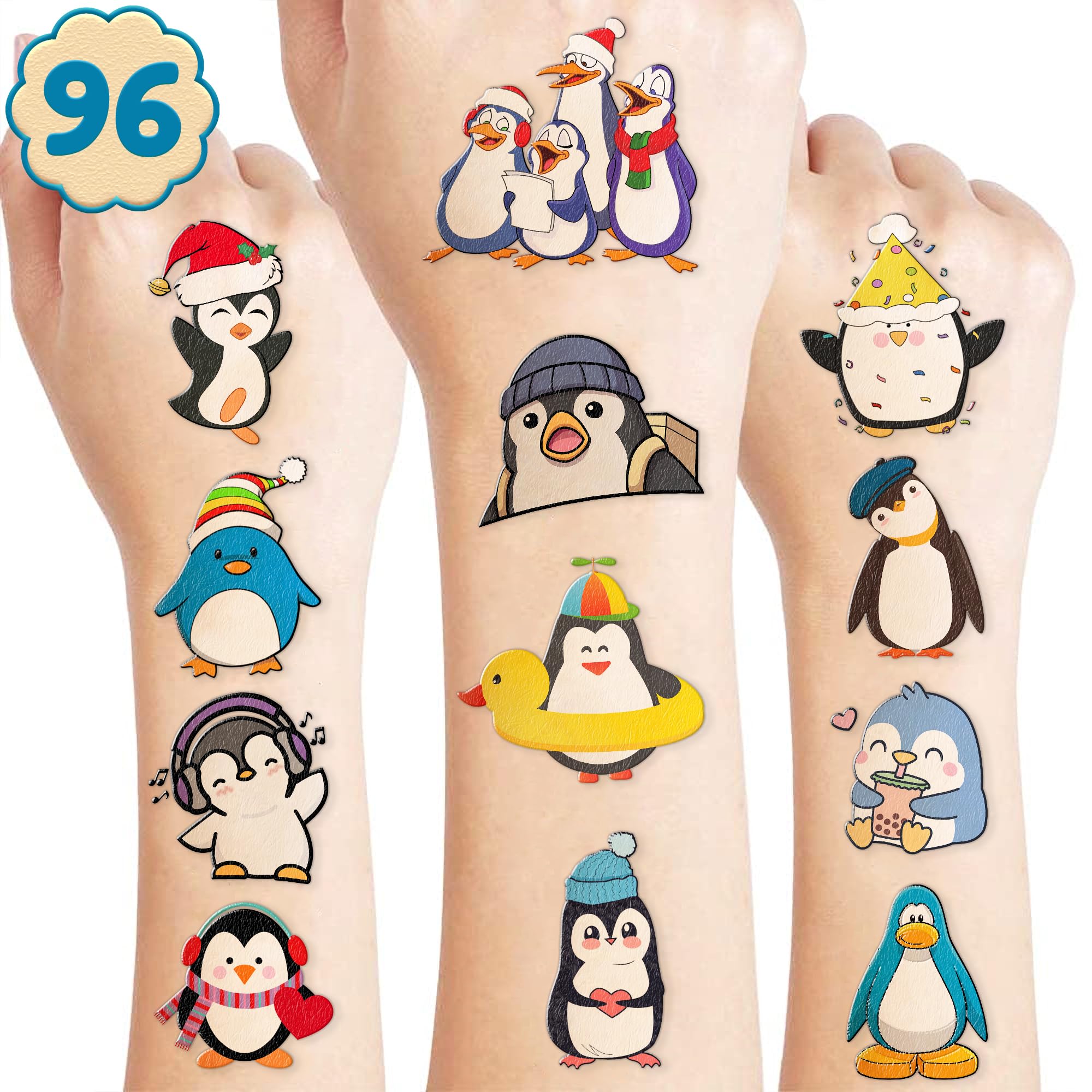 Penguin Temporary Tattoos Birthday Party Decorations Supplies Party Favors 96PCS Tattoos Stickers Cute Kids Girls Boys Gifts Classroom School Prizes Themed Christmas