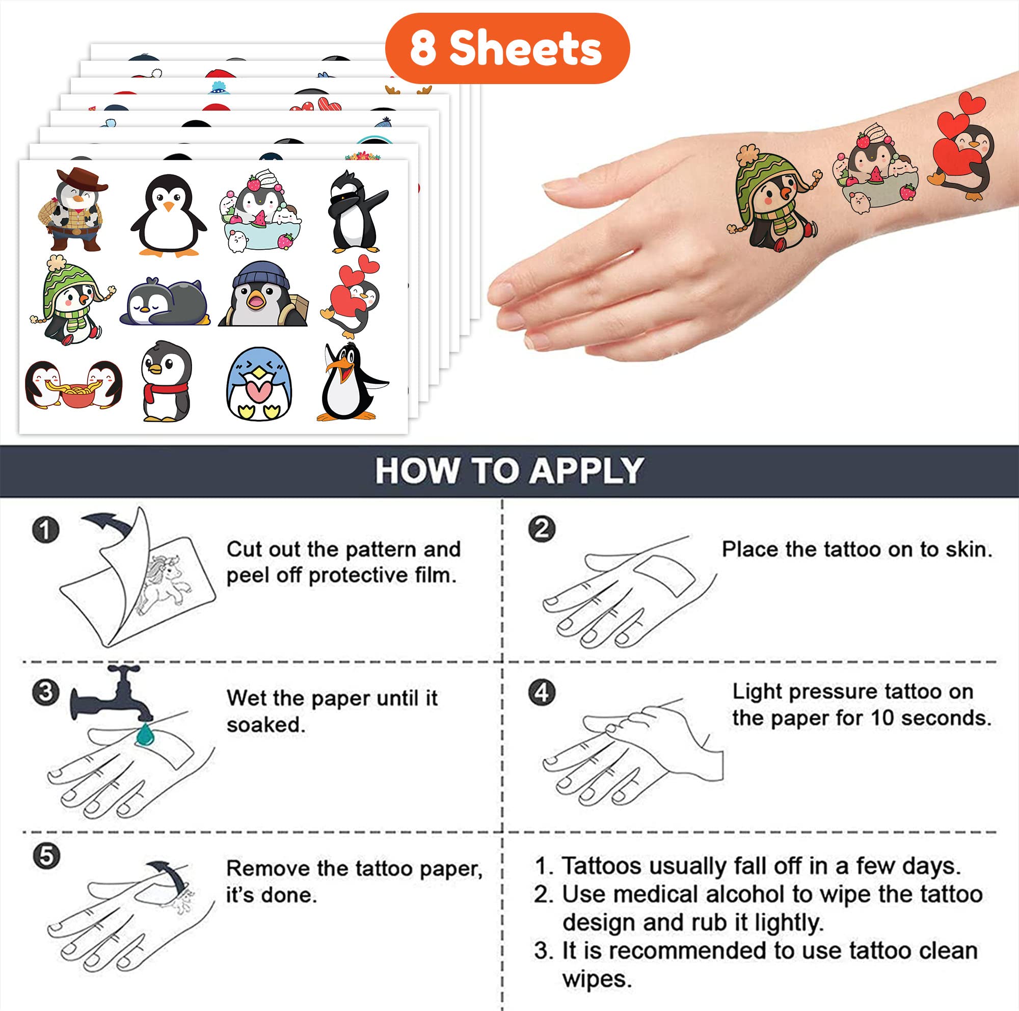 Penguin Temporary Tattoos Birthday Party Decorations Supplies Party Favors 96PCS Tattoos Stickers Cute Kids Girls Boys Gifts Classroom School Prizes Themed Christmas