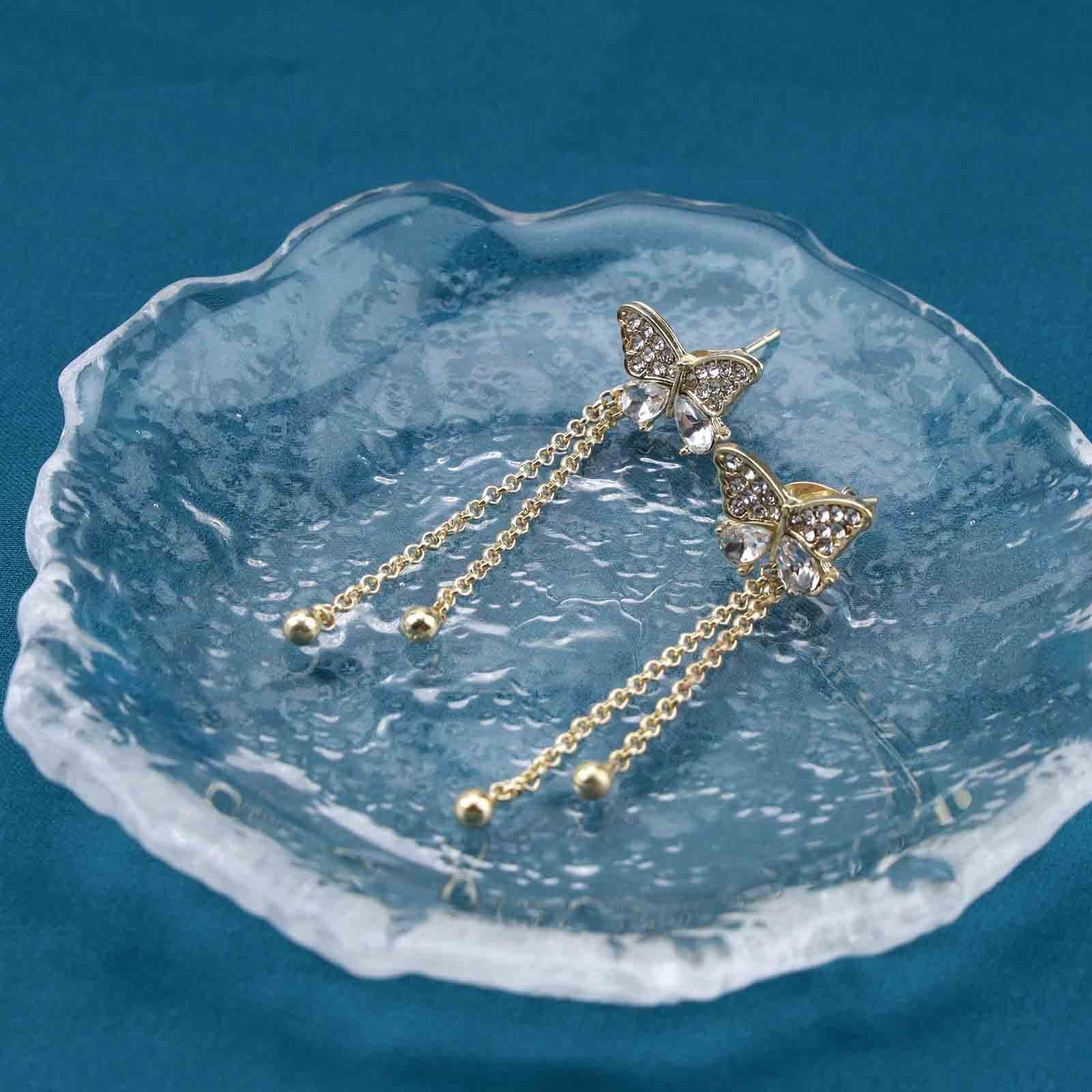 Yheakne Vintage Crystal Butterfly Stud Earrings Gold Long Chain Earrings Thin Drop Chain Earrings Cz Paved Butterfly Earrings Retro Hanging Chain Earrings Jewelry for Women and Girls