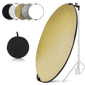 wellmaking 43inch/110cm photography light reflector, portable foldable 5 in 1 diffuser reflectors with bag & tilt adapter for studio & outdoor lighting-translucent, silver, gold, white and black