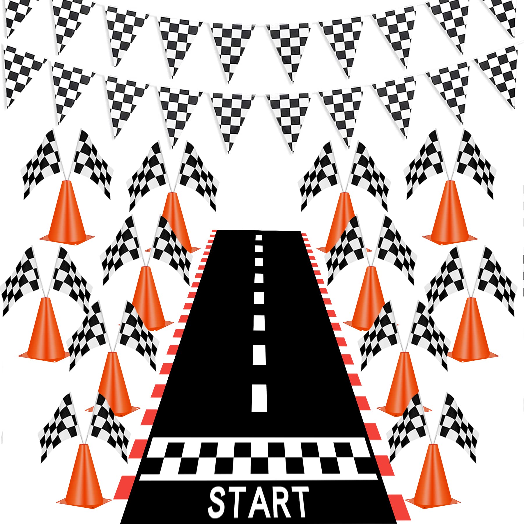 JUPOZOP 39 Pcs Racing Car Party Decorations&Supplies with 12 mini Traffic Cones, 24 Checkered Flags on Sticks, 2 Sets Chequered Pennant