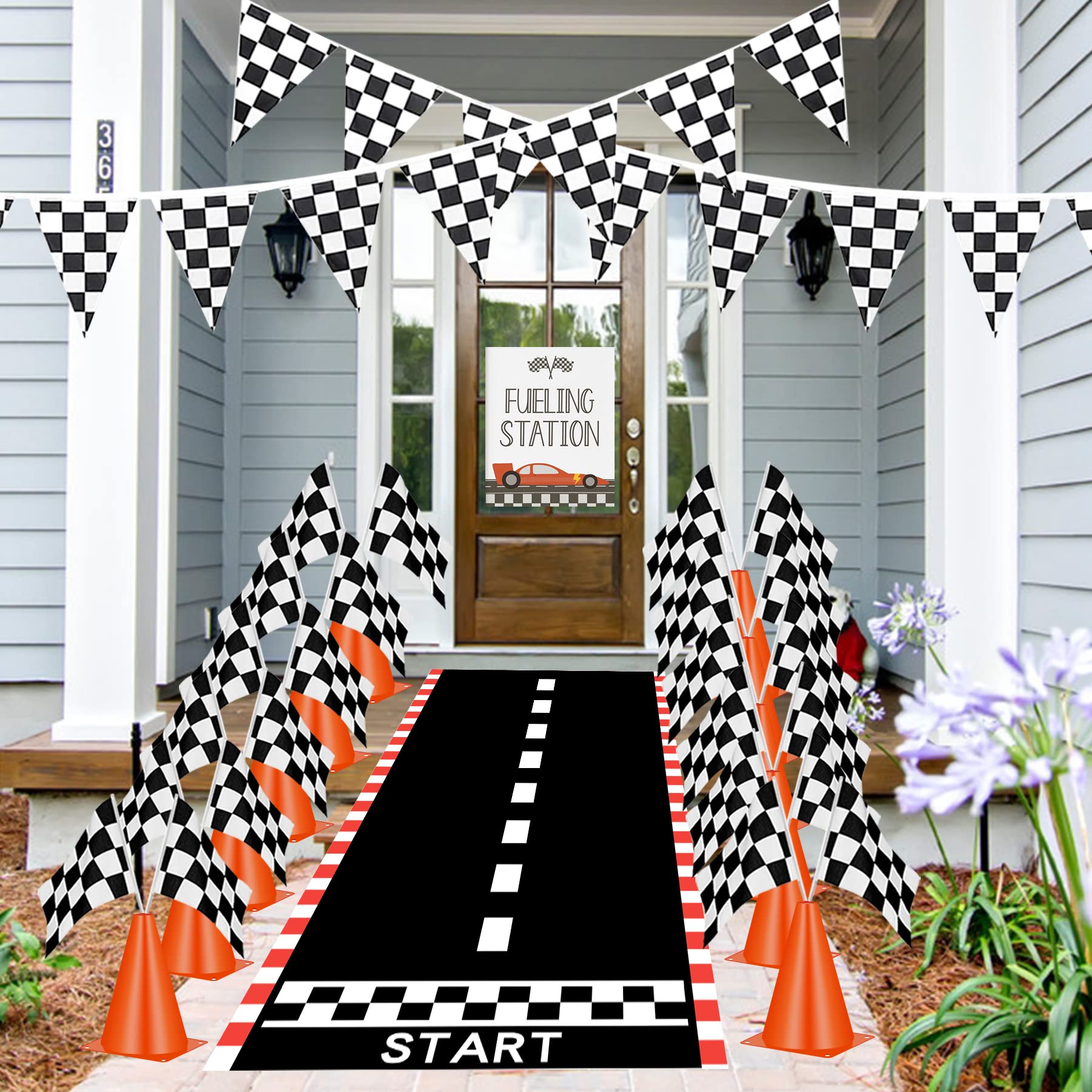 JUPOZOP 39 Pcs Racing Car Party Decorations&Supplies with 12 mini Traffic Cones, 24 Checkered Flags on Sticks, 2 Sets Chequered Pennant