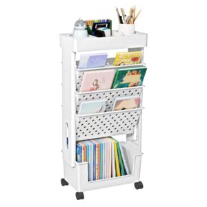 yemuny 5 tier rolling utility cart multi-functional movable storage book shelves with lockable casters for study office kitchen classroom, white