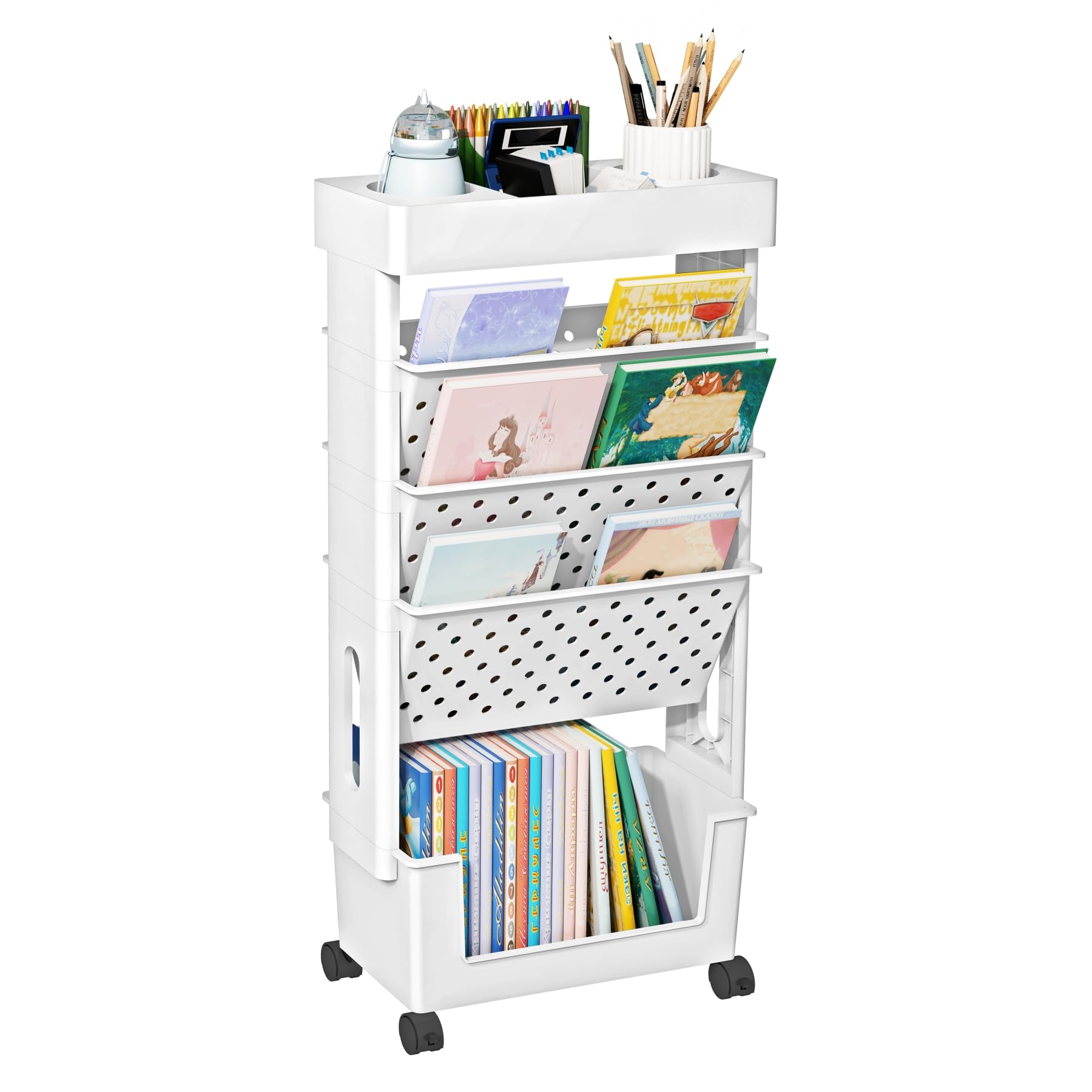 YEMUNY 5 Tier Rolling Utility Cart Multi-Functional Movable Storage Book Shelves with Lockable Casters for Study Office Kitchen Classroom, White