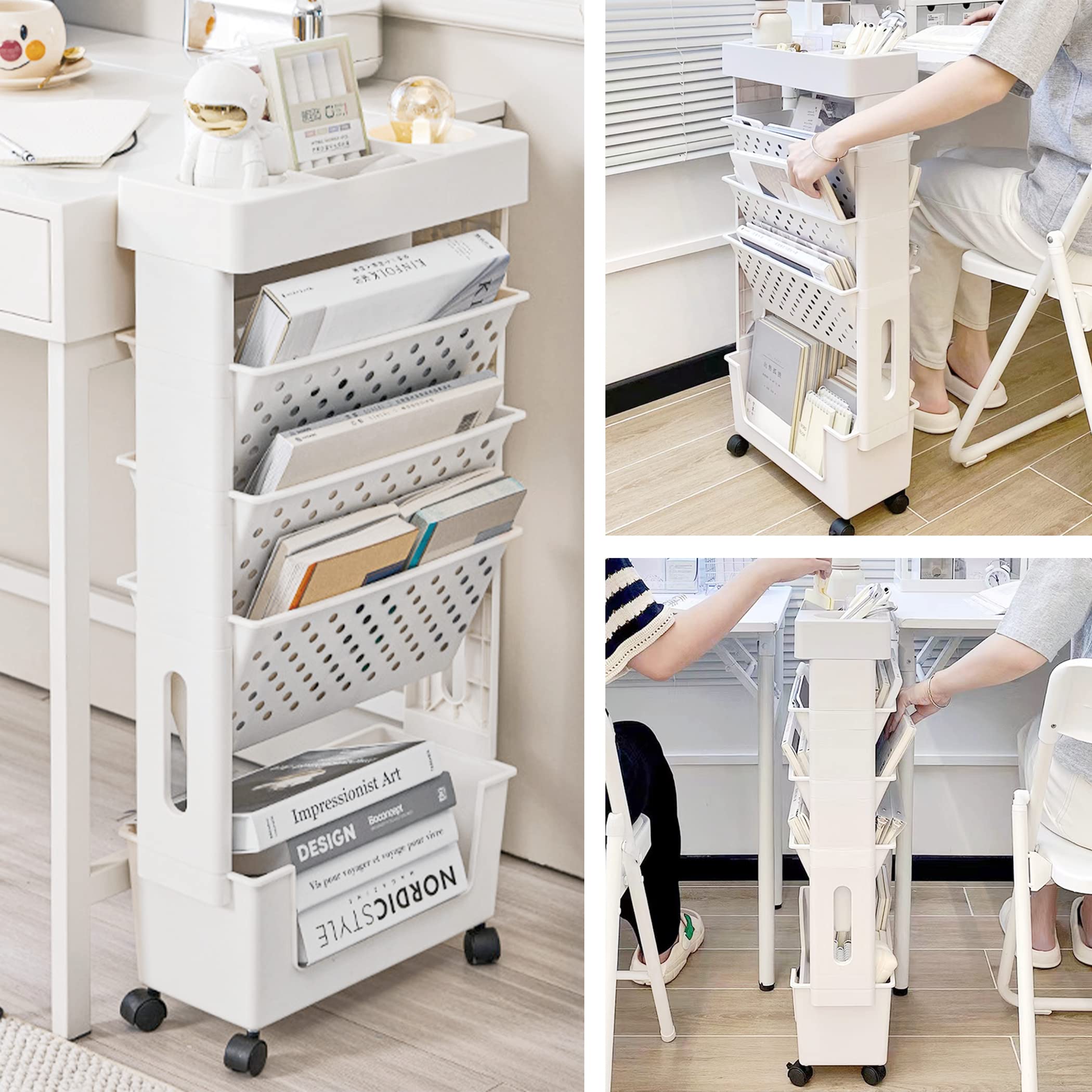 YEMUNY 5 Tier Rolling Utility Cart Multi-Functional Movable Storage Book Shelves with Lockable Casters for Study Office Kitchen Classroom, White