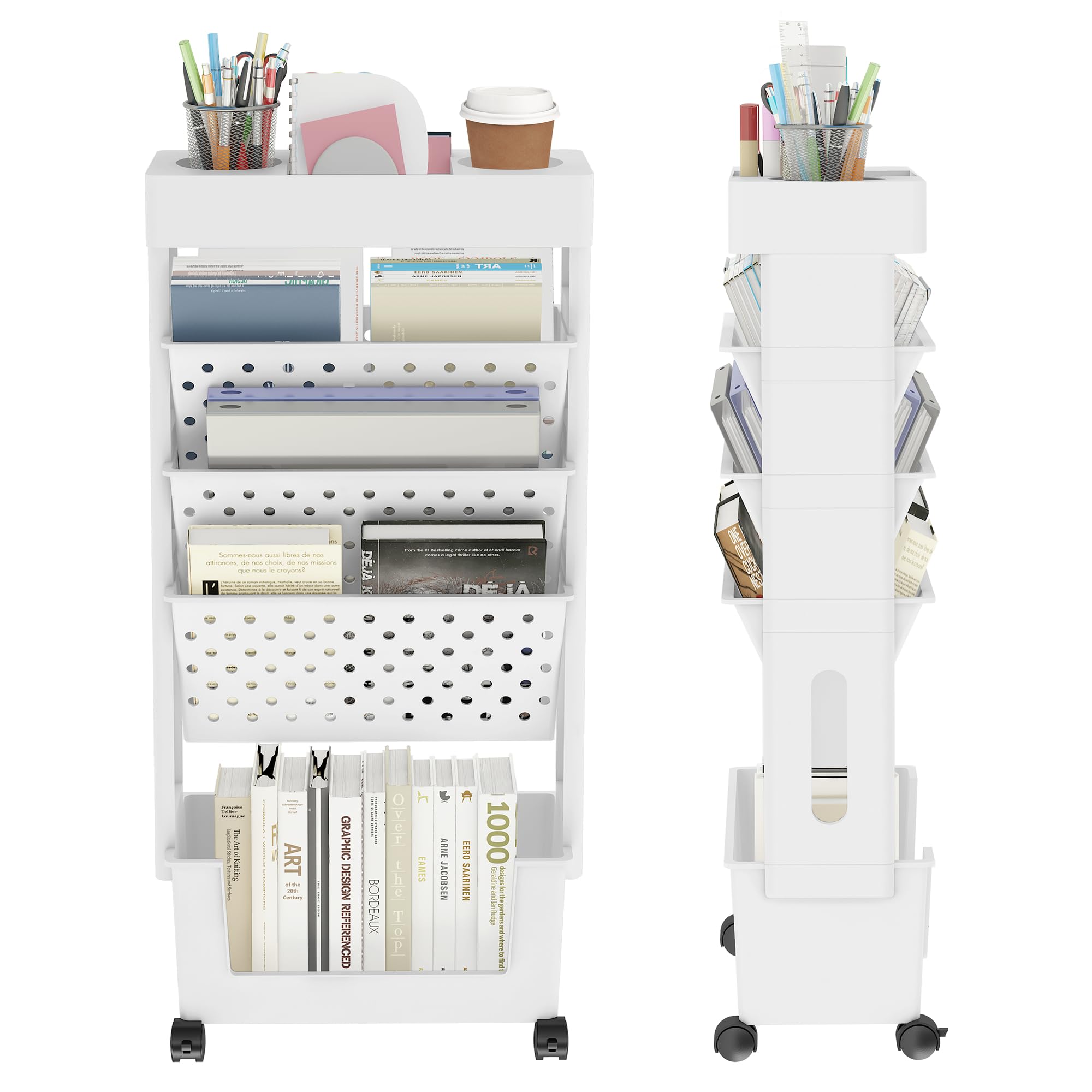 YEMUNY 5 Tier Rolling Utility Cart Multi-Functional Movable Storage Book Shelves with Lockable Casters for Study Office Kitchen Classroom, White