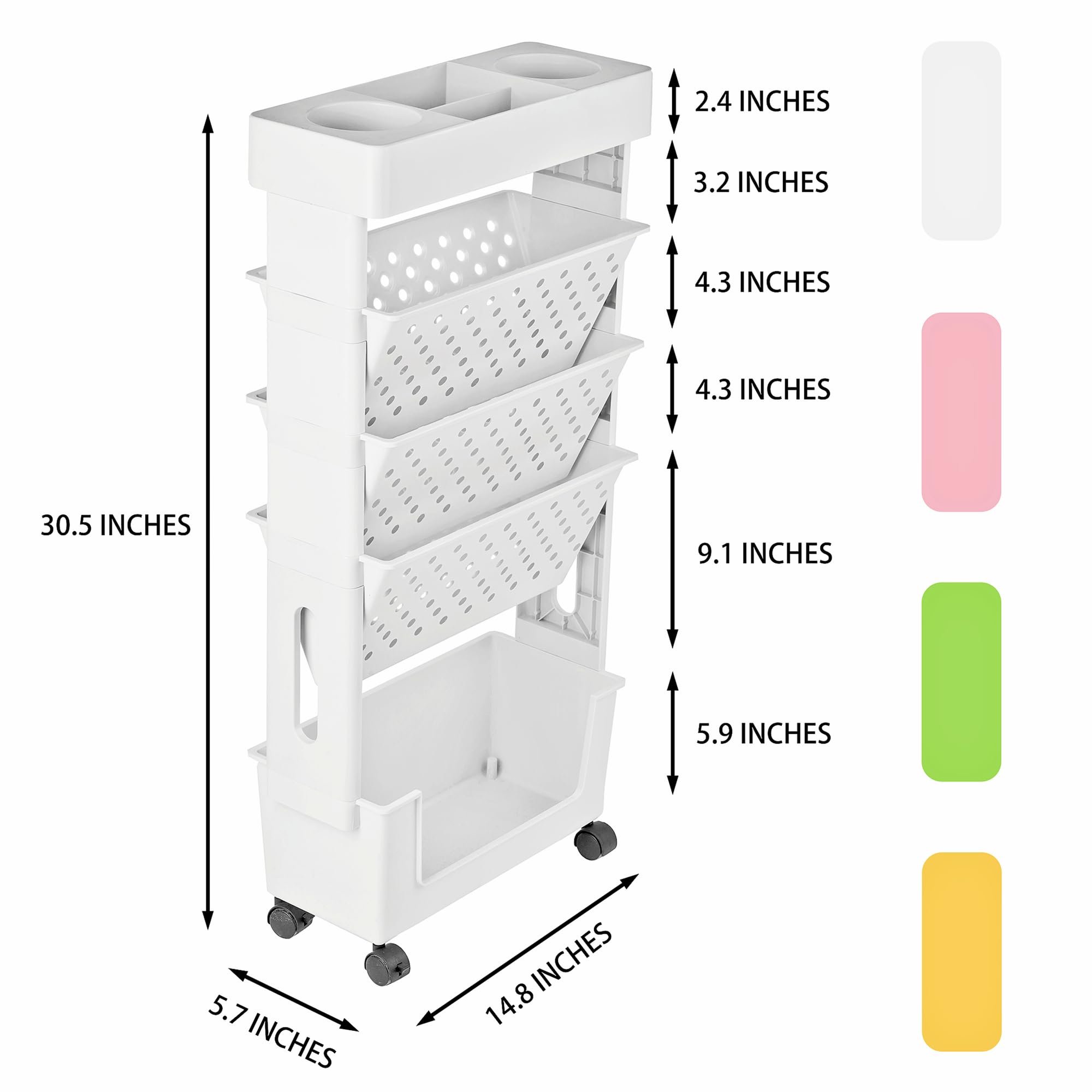 YEMUNY 5 Tier Rolling Utility Cart Multi-Functional Movable Storage Book Shelves with Lockable Casters for Study Office Kitchen Classroom, White
