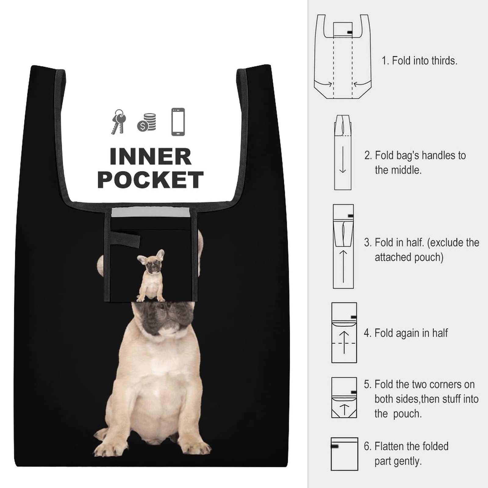 French Bulldog Puppy Shopping Bag Reusable Grocery Tote Bag Collapsible Pouch Bags with Handle