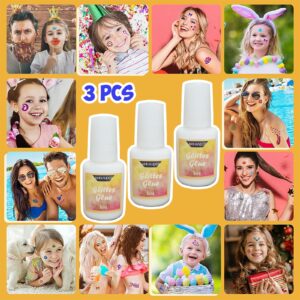 Temporary Tattoo Glue - 8ml Glitter Glue Brush Bottle, Water Soluble Body Painting Glue, Ideal for Halloween, Carnival, Birthday Party, Theme Party, Costume Events & Makeup Artists (3 Pcs)