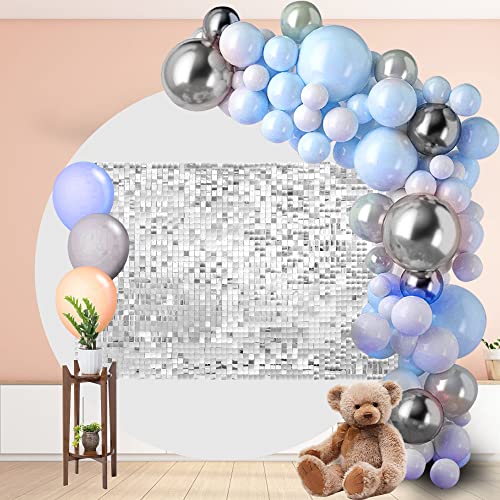 PERLAW Shimmer Wall Backdrop Shimmer Wall Panels - 24 Panels Square Sequin Shimmer Backdrop for Birthday Decorations Wedding & Graduation Party Supplies (Silver)