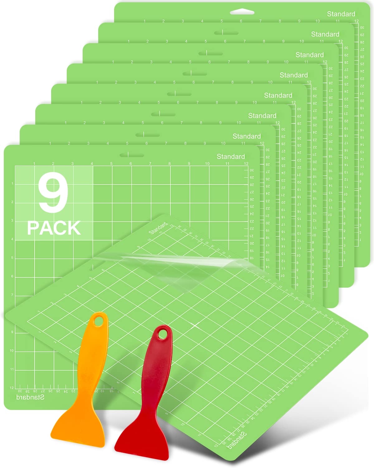 Colemoly 12x12 Cutting Mat 9 Pack Standard for Cricut Maker/Maker 3/Explore 3/Air 2/Air/One Cut Cards 2 Pack Scraper Green Grip Sticky Cricket Replacement Accessories Pad for Supplies,Quilting