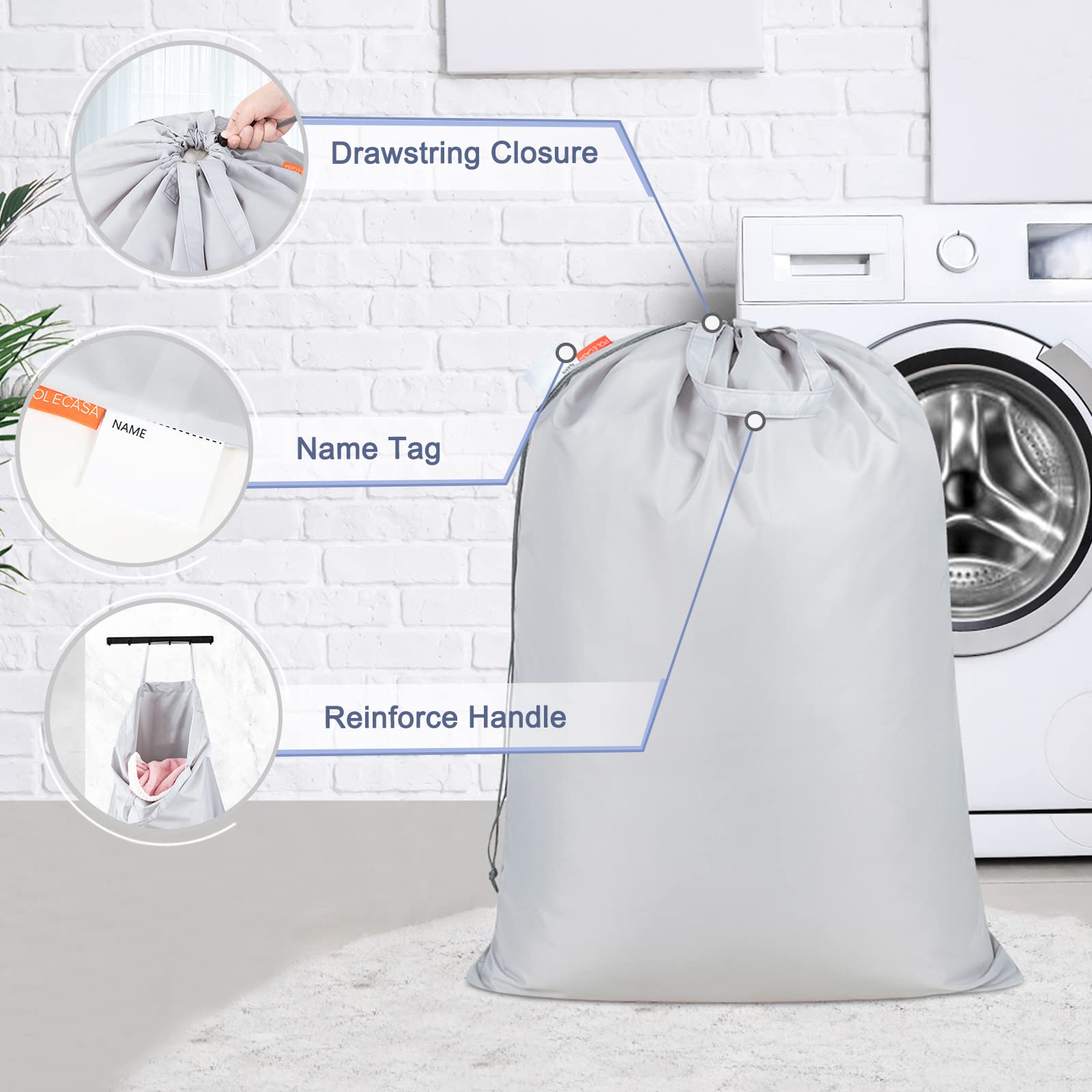 Polecasa Extra Large Heavy Duty Laundry Bag with 130gsm Tear Resistant Fabric and Handles, Easy to Carry Waterproof Dirty Clothes Drawstring Bag, Washable Hamper Bag for Travel, 28”x36”, Silver