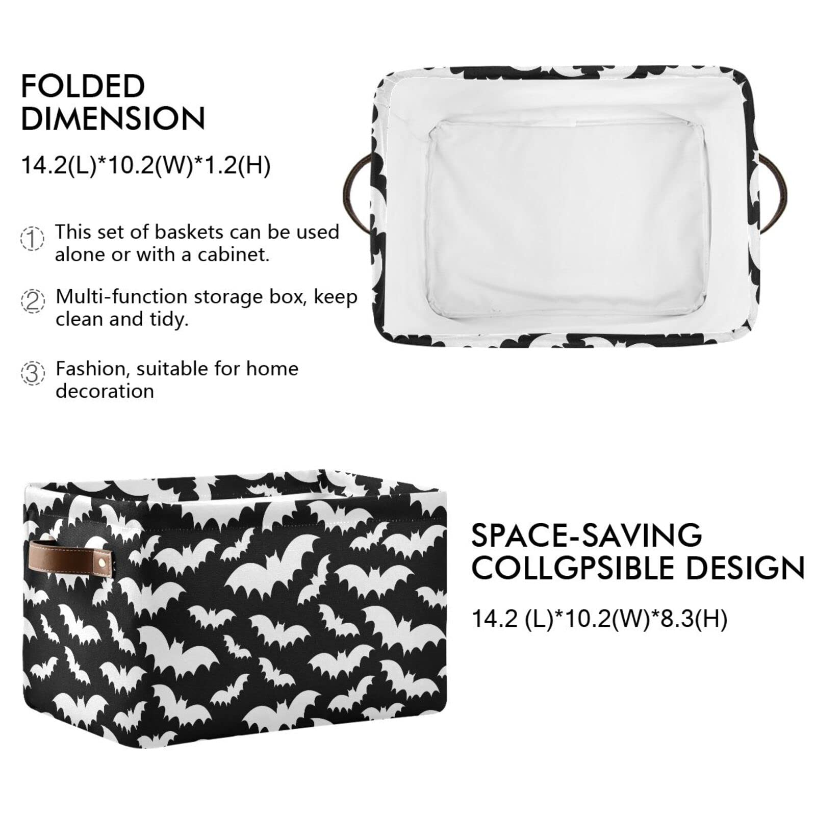 Kigai Black White Bats Storage Bins - Fabric Storage Baskets with Handles Large Collapsible Decorative Storage Organizer for Closets,Shelves,Laundry,Nursery (1 Pack, 14x10x8 Inches)