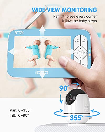 iDOO Baby Monitor, Baby Monitor with Camera and Audio 720P, Baby Monitor no WiFi with Night Vision, 5" HD Display, Remote Pan-Tilt-Zoom, 900 ft Long Range, Two-Way Talk, Room Temperature, Lullabies