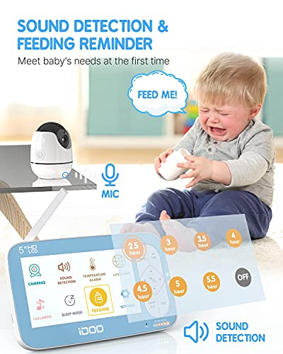 iDOO Baby Monitor, Baby Monitor with Camera and Audio 720P, Baby Monitor no WiFi with Night Vision, 5" HD Display, Remote Pan-Tilt-Zoom, 900 ft Long Range, Two-Way Talk, Room Temperature, Lullabies