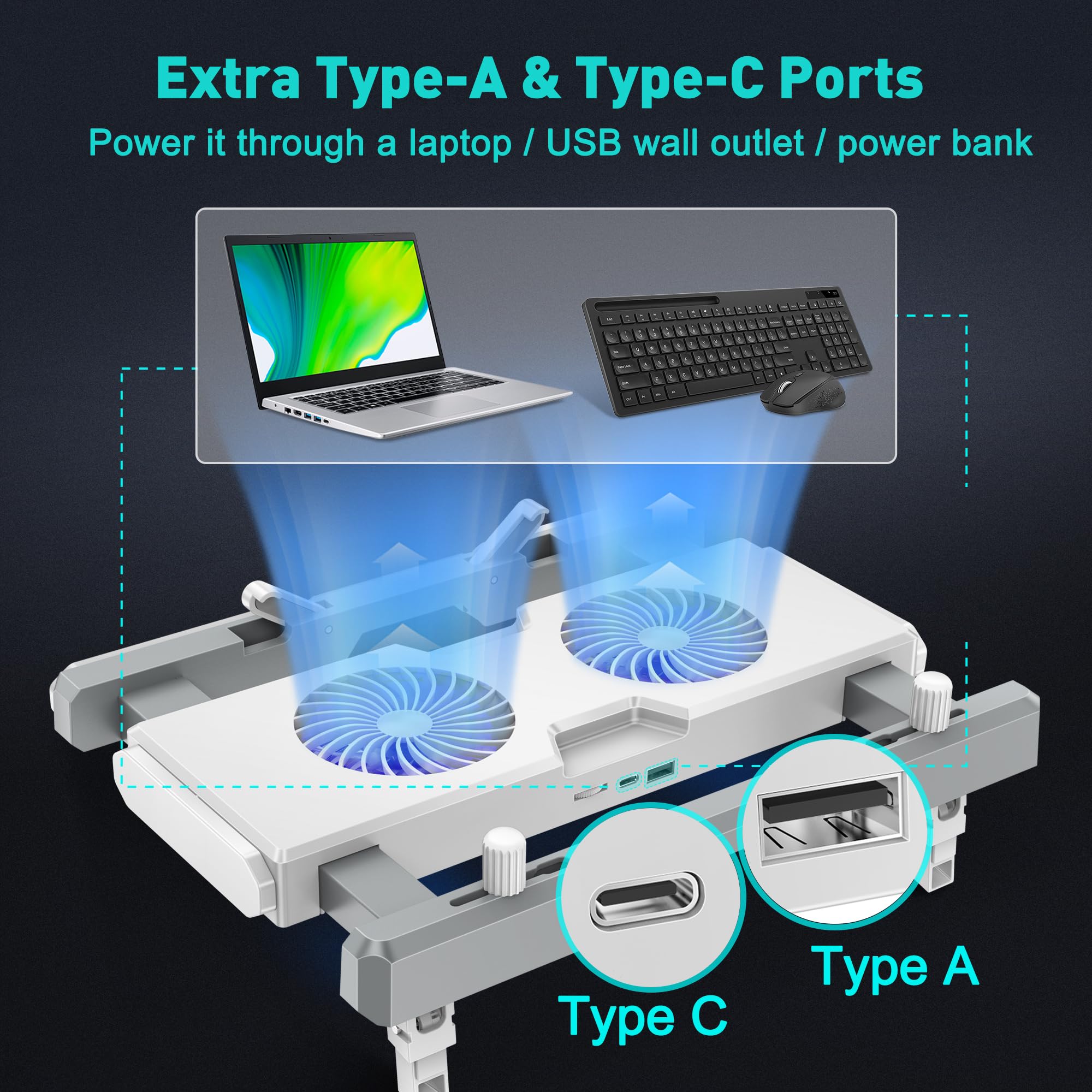 DeskLogics Laptop Cooling Pad 10-17 Inches Portable Laptop Cooler Stand Lap Desk Fan for Gaming PC, Extensible, Adjustable, Fit in Bag, USB A/C Ports, 2 Quiet Fans, Gift Ideas - White & Gray