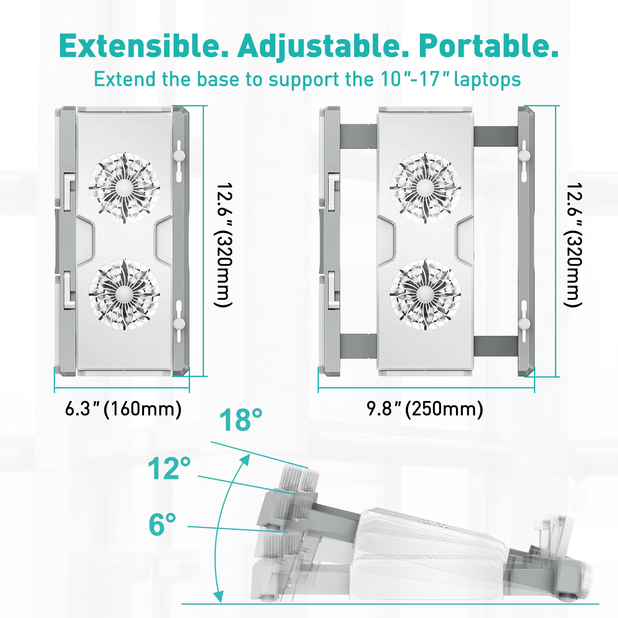 DeskLogics Laptop Cooling Pad 10-17 Inches Portable Laptop Cooler Stand Lap Desk Fan for Gaming PC, Extensible, Adjustable, Fit in Bag, USB A/C Ports, 2 Quiet Fans, Gift Ideas - White & Gray