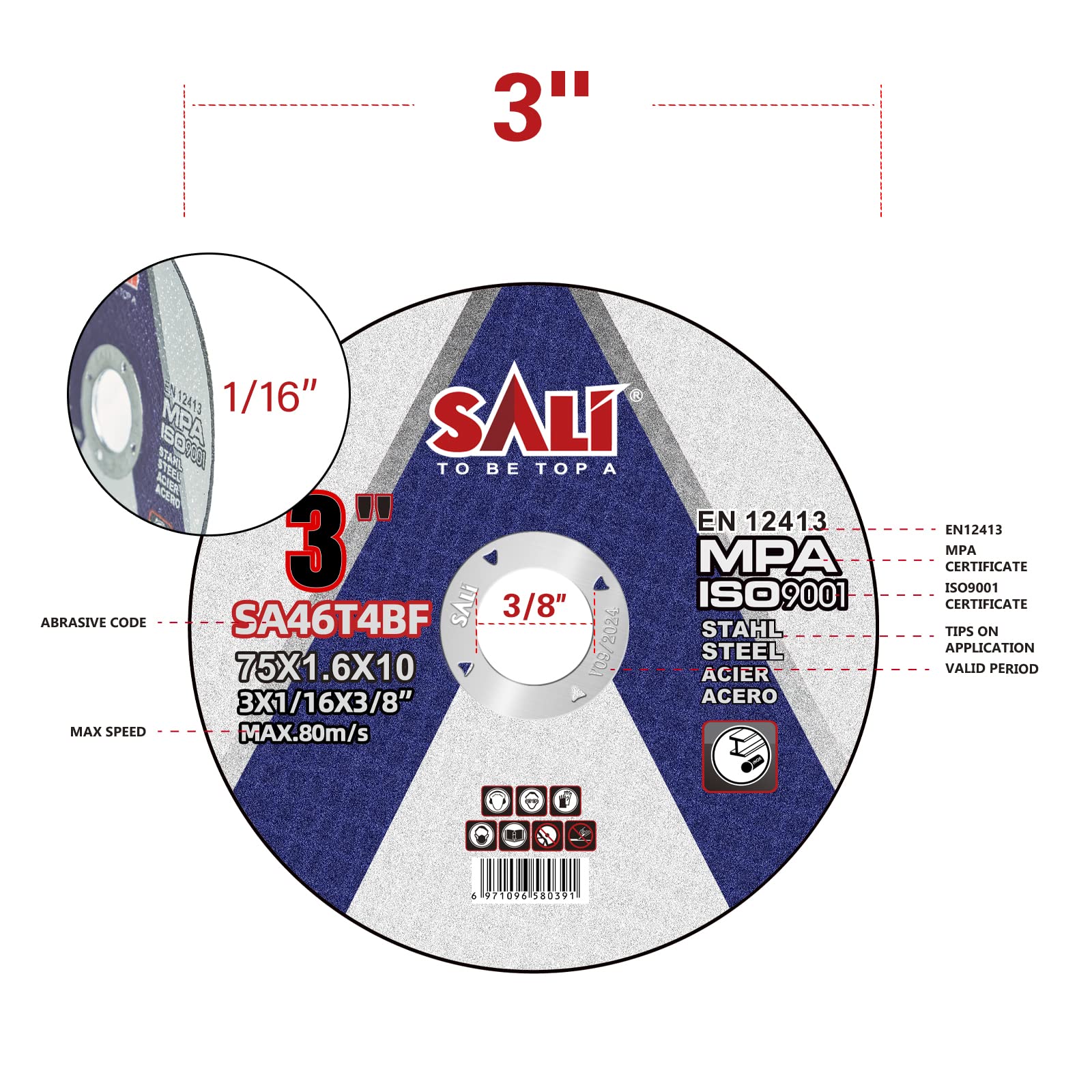 SALI 25 Pack Cut Off Wheels 3 Inch General Purpose Metal Cutting Wheel for 3 in Angle Grinders and Die Grinders- Cutting Disc Aggressive Cutting 3" x 1/16" x 3/8" Operating Up to 25000 RPM and 80 M/S