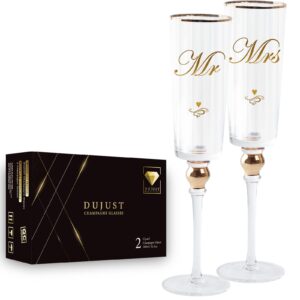dujust crystal glass wedding champagne flutes, mr & mrs champagne glasses with handcrafted gold rim & diamond design, square bride and groom champagne flutes, valentine's day gift, gift package