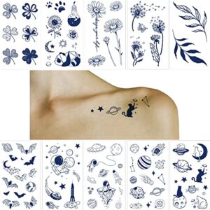 ANIUVOT Small Semi Permanent Tattoos Flower & Space for Women Teen Girls 10 Sheets, Plant-Based Ink, Realistic Temporary Tattoos Sun Moon Stars, Dandelion, Clover, Long Lasting for 1~2 Weeks