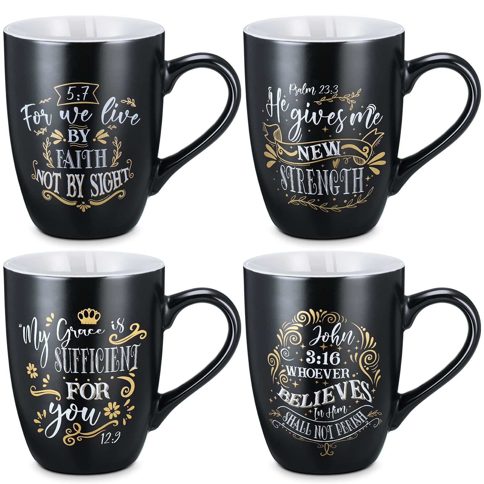 Jinei 4 Pieces Christian Coffee Mugs Religious Inspirational Coffee Mugs Set Stoneware Mugs for Men Women Black Bible Verse Mug Motivational Christmas Christian Encouragement Gifts, 12 oz