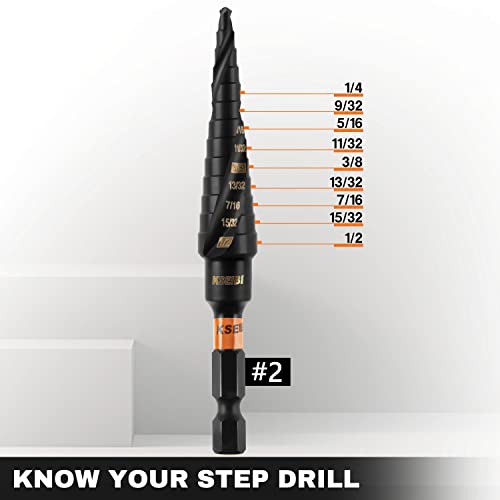 KSEIBI 13 Steps 1/8-1/2 inch SAE Standard Industrial Grade Step Drill Bit Ready Impact 1/4 inch Shank, 575075 High Speed Steel Black Oxide M2 Metal Drill Bits